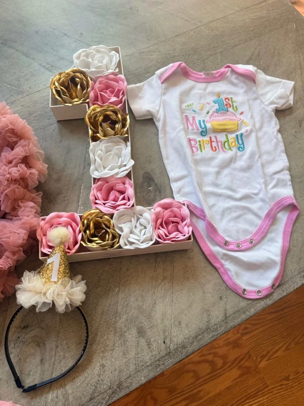 White Lace Baby Outfit with Rose Gold/Pink 